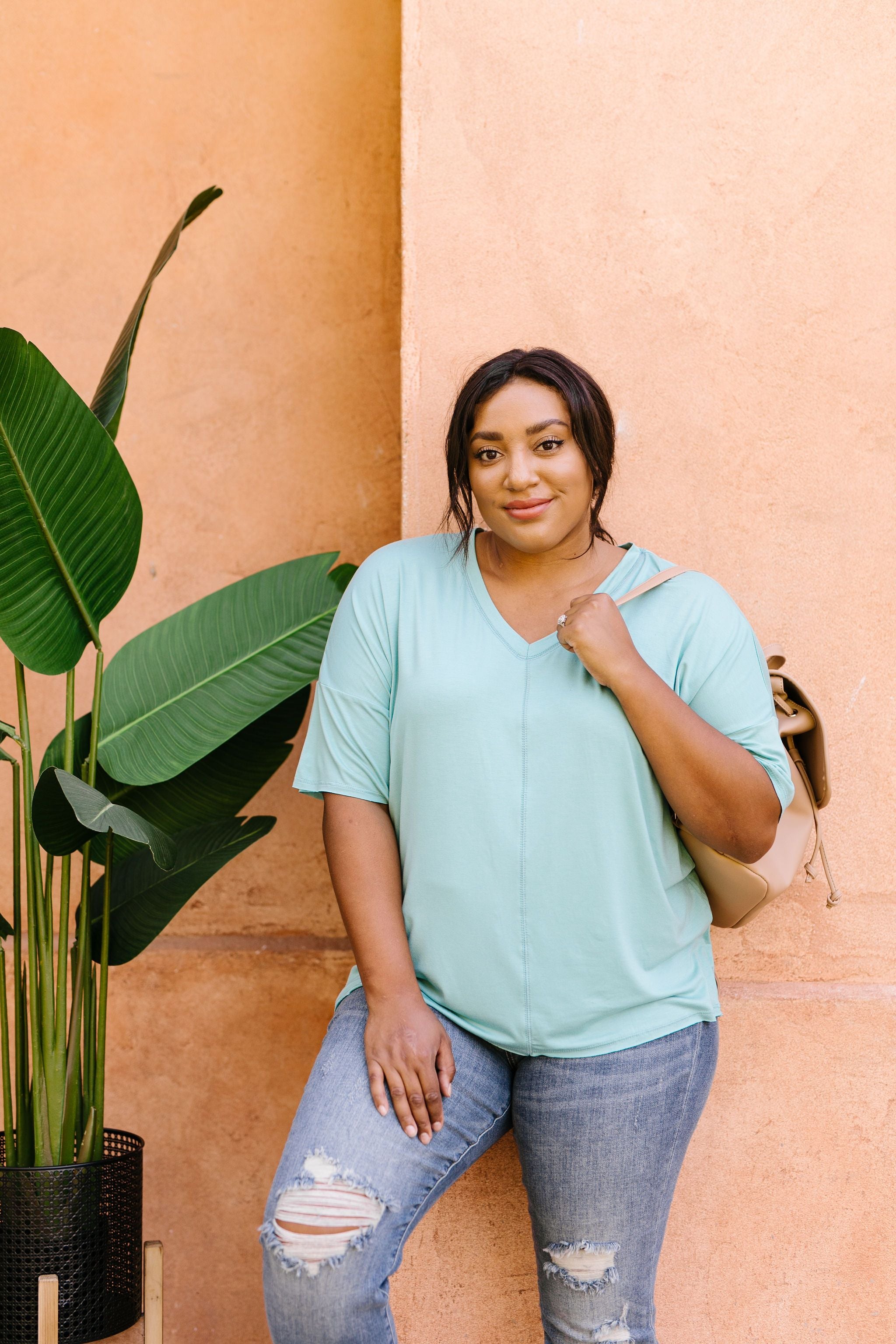 Top Stitch V-Neck In Aqua