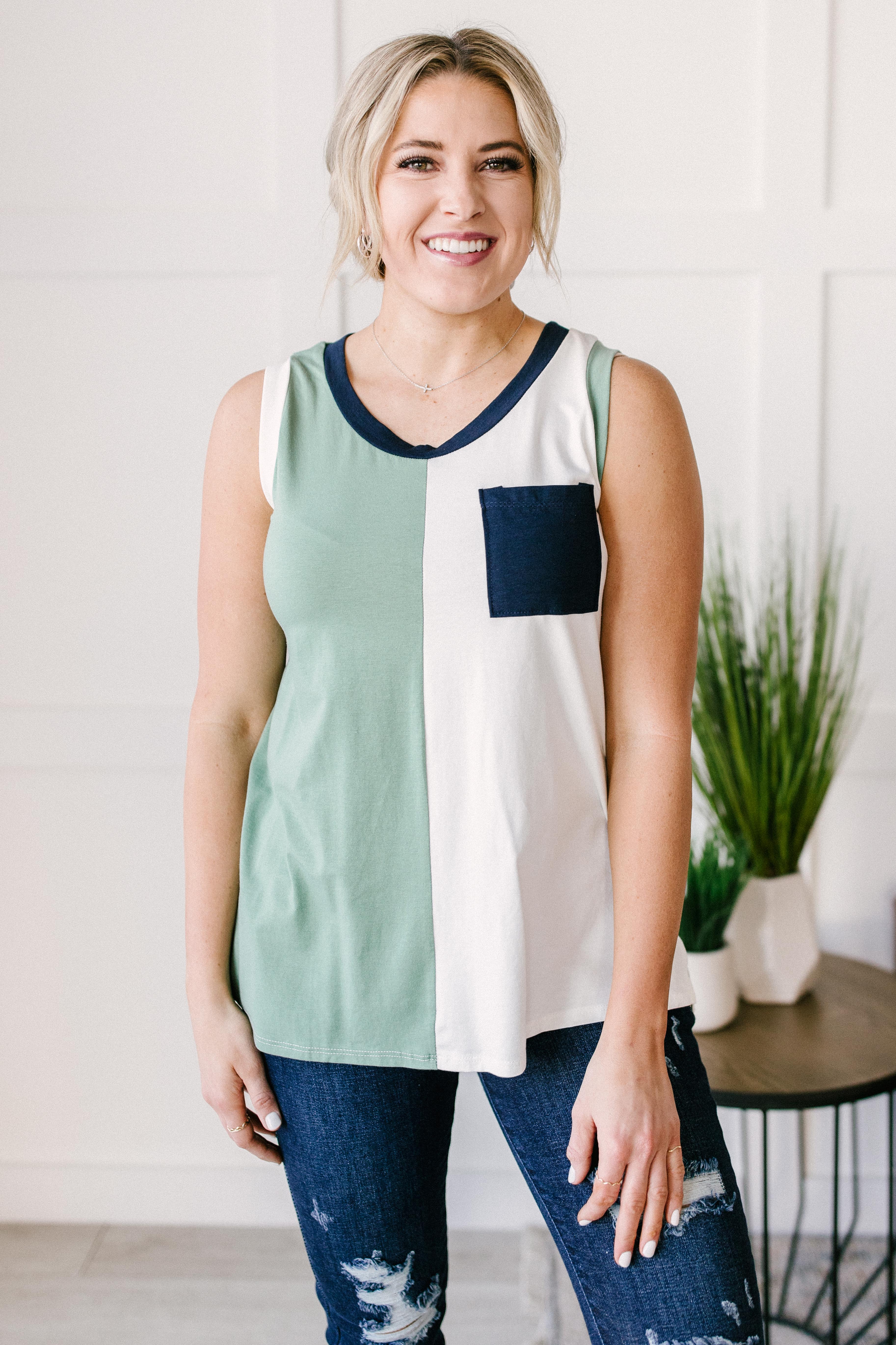 Half & Half Color Block Top In Harbor Mist