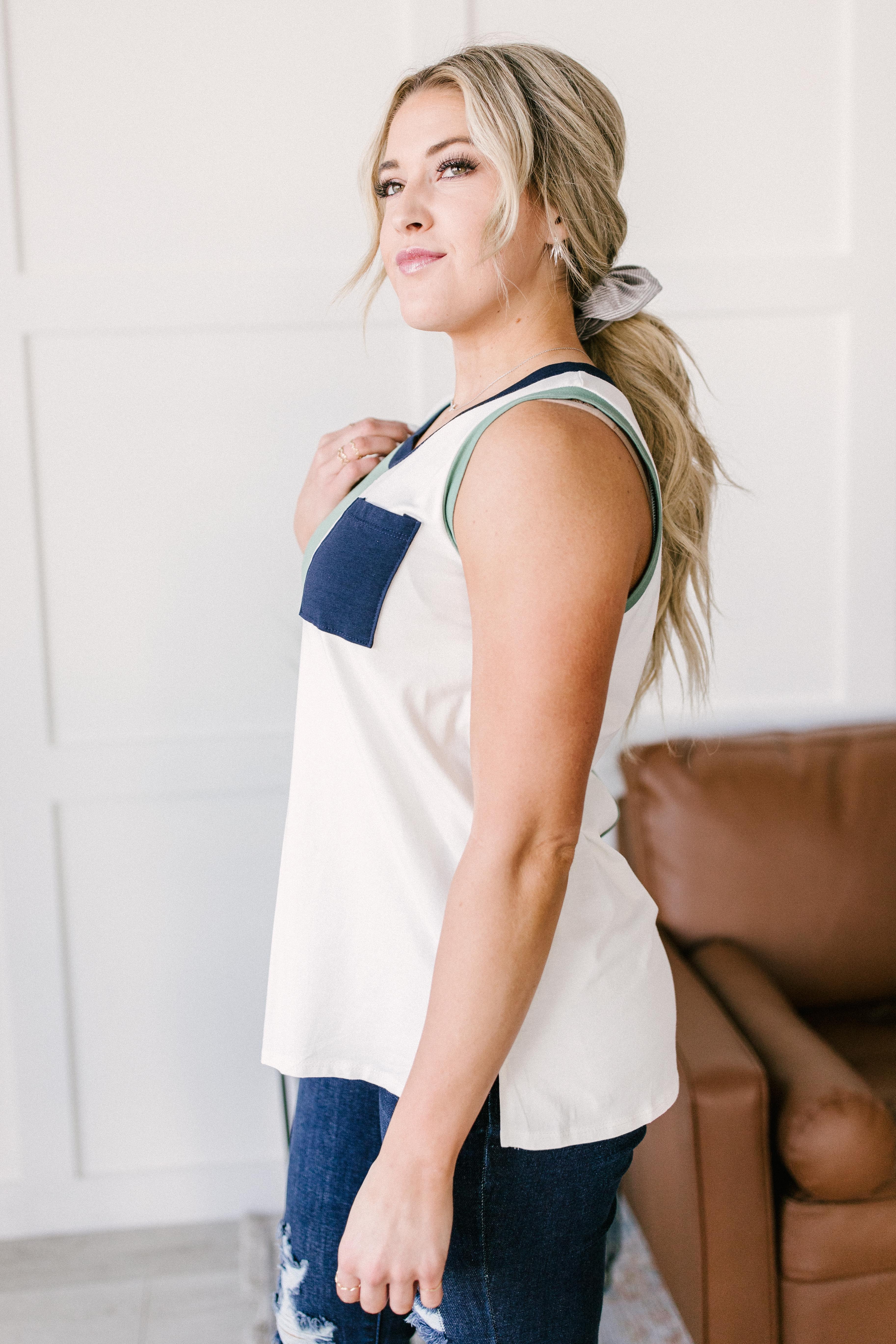 Half & Half Color Block Top In Harbor Mist