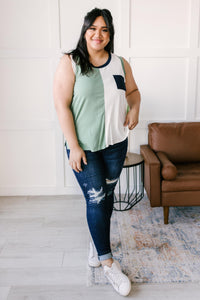 Half & Half Color Block Top In Harbor Mist