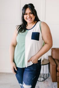 Half & Half Color Block Top In Harbor Mist