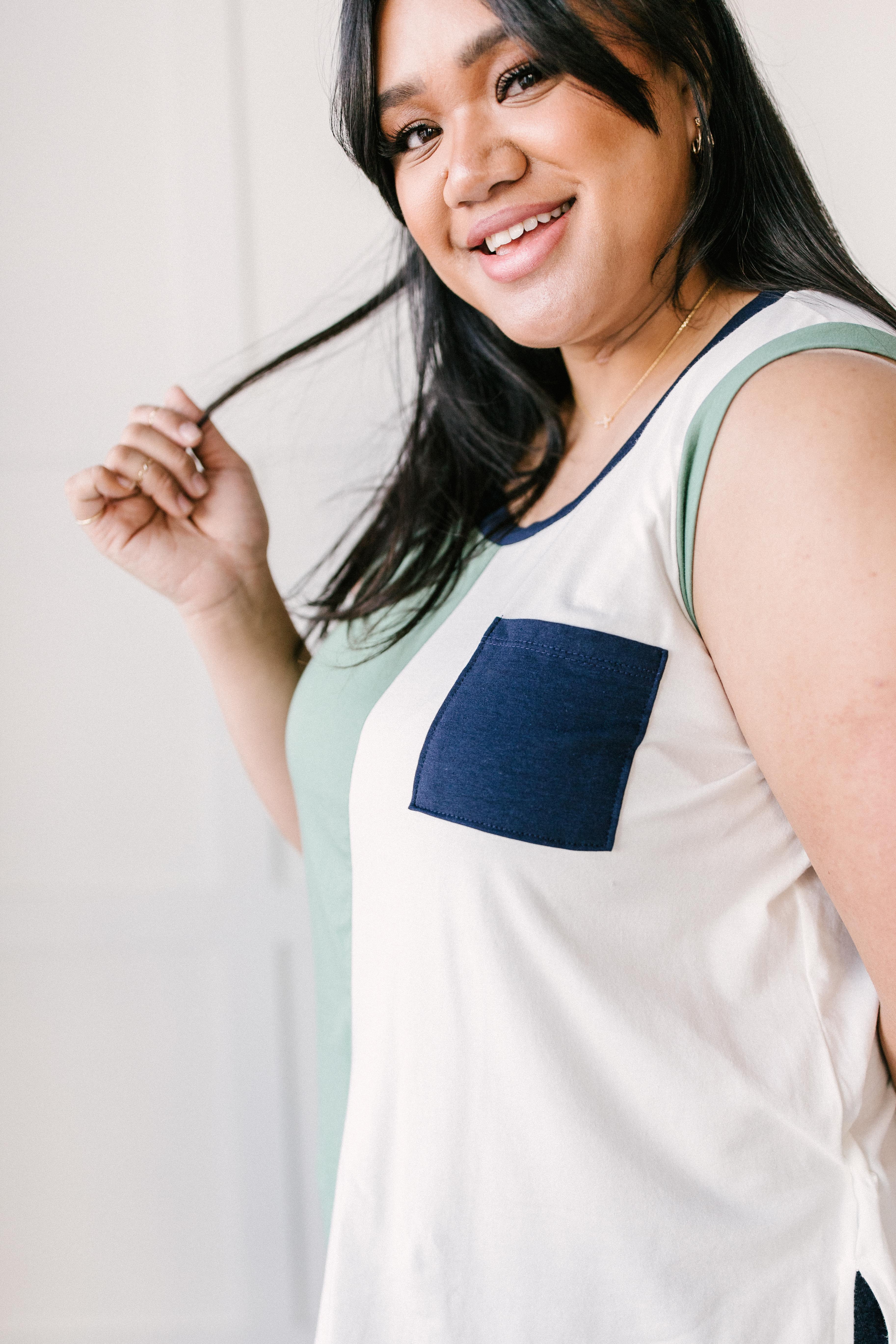 Half & Half Color Block Top In Harbor Mist