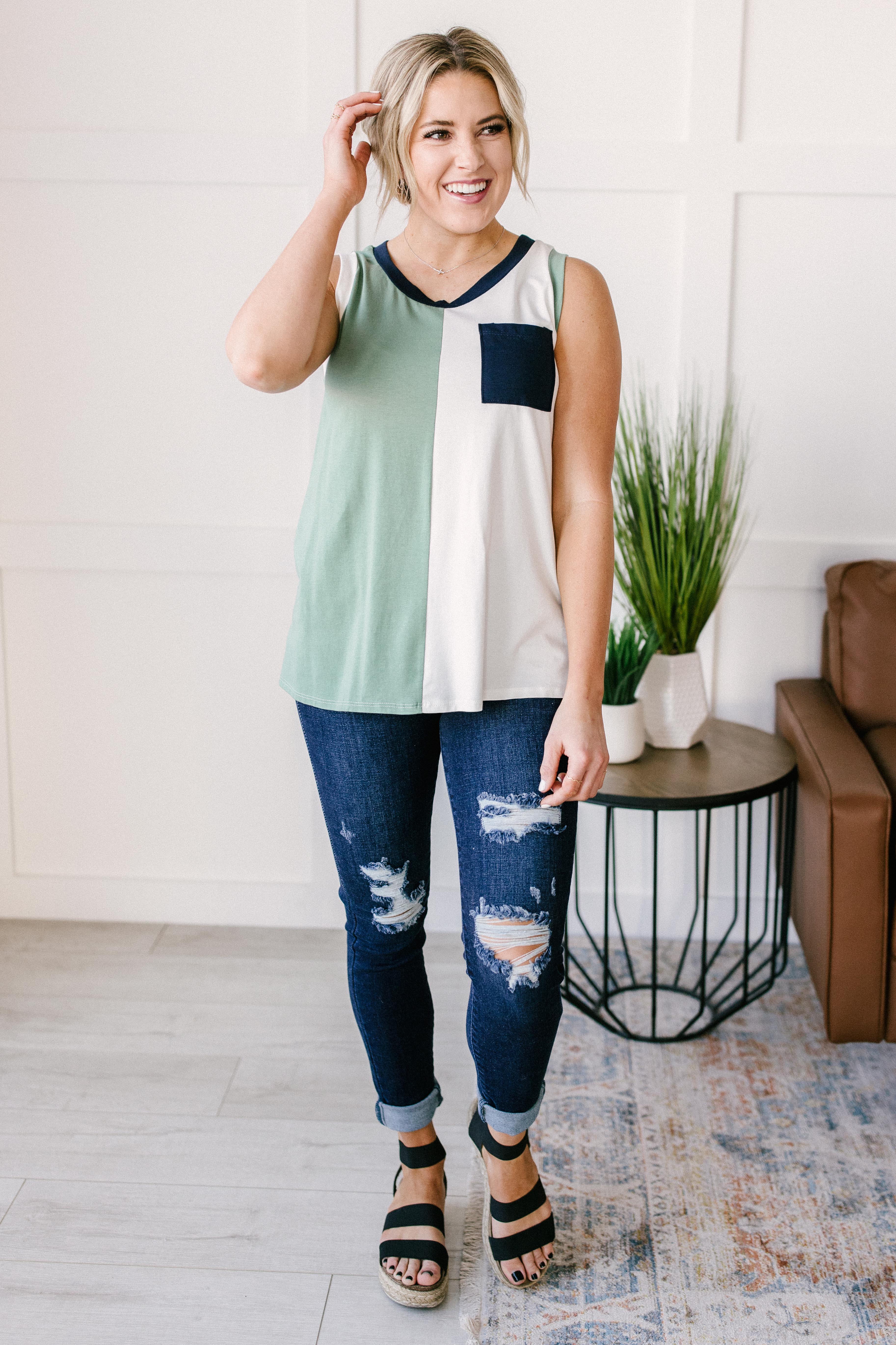 Half & Half Color Block Top In Harbor Mist