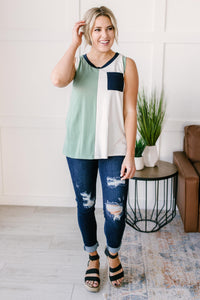 Half & Half Color Block Top In Harbor Mist