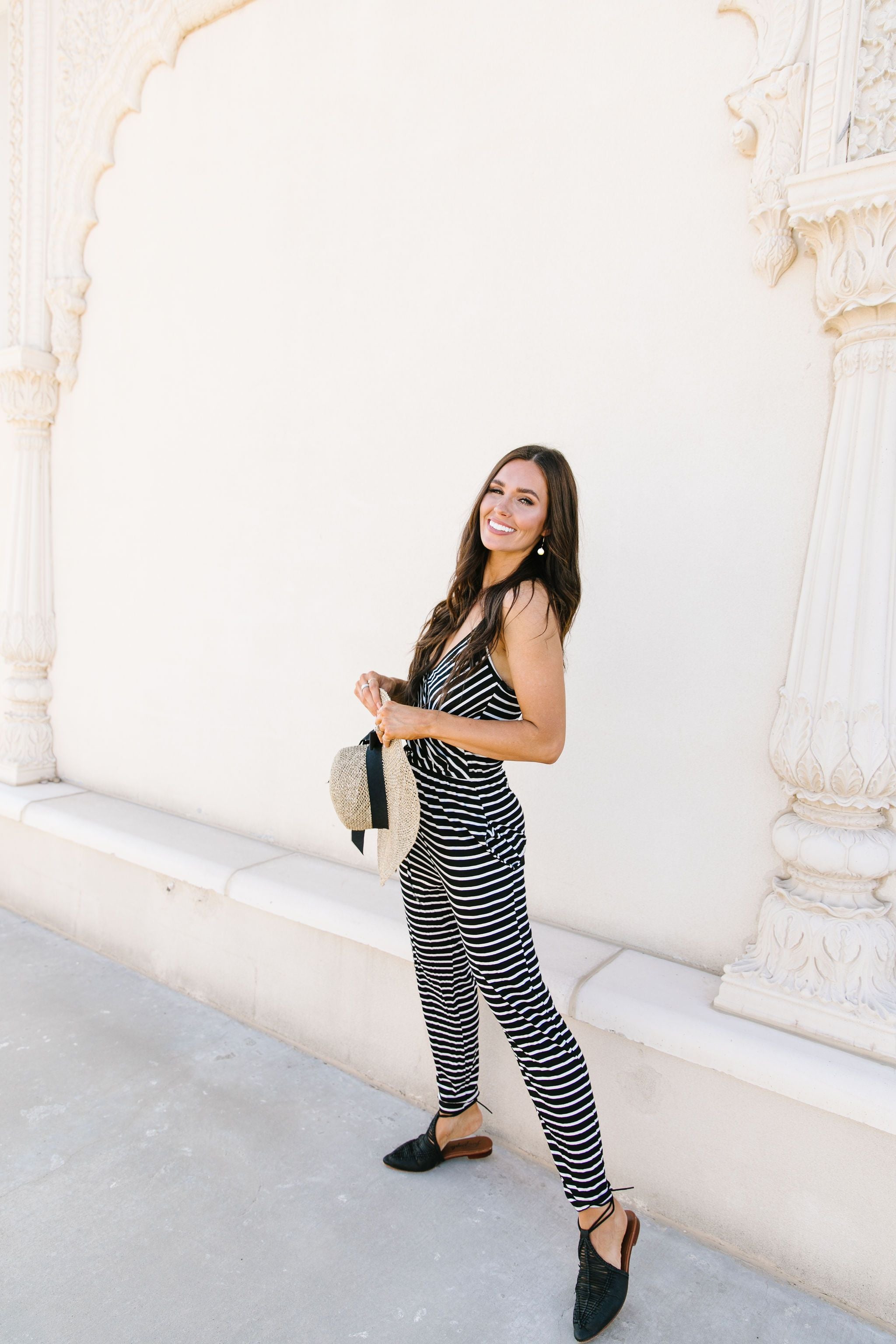 Black & White Striped Surplice Jumpsuit