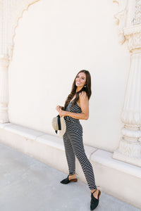 Black & White Striped Surplice Jumpsuit