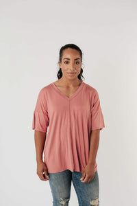 Top Stitch V-Neck In Dusty Rose
